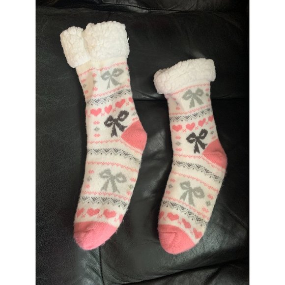 Thick Heavy Sherpa Lined Socks Womens OSFM Pink Gray Anti Slip Rubber Grip dots - Picture 4 of 4